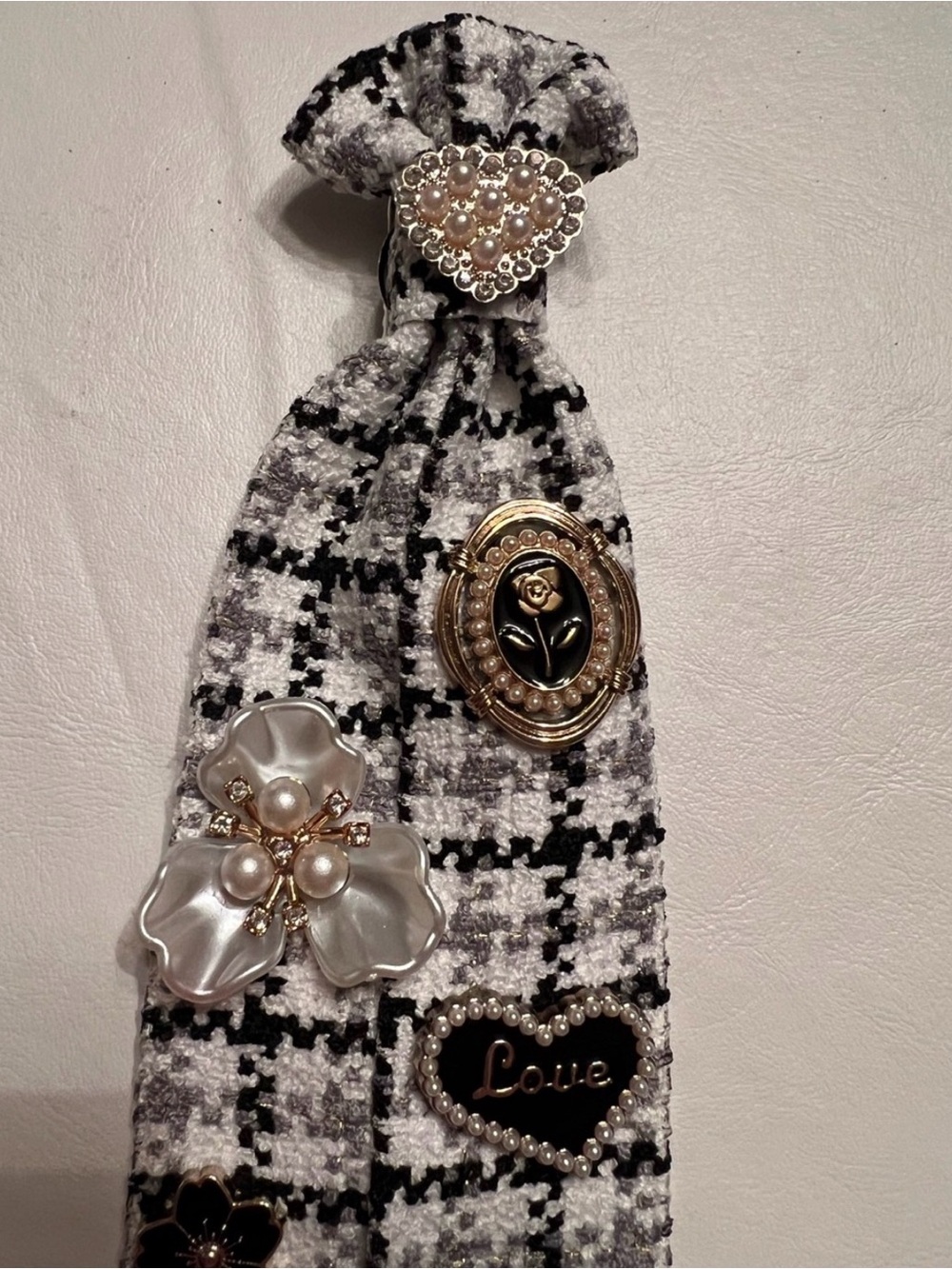Black & White Tweed Decorative Tie with Brooch Embellishments - Picture 7 of 8